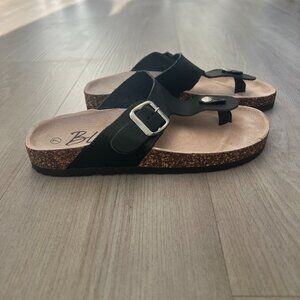Blue Womens Slip On Thong Black Vegan Leather Sandals Cork Heel Sz 7 Casual